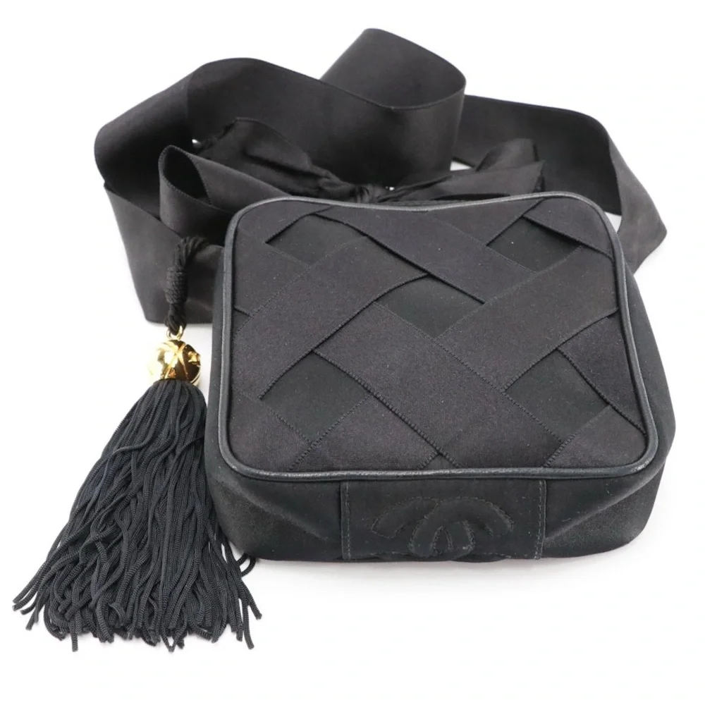 Chanel CC Tassel Evening Bag in Black Satin Interwoven Ribbon and Leather - Rare - Picture 4 of 8